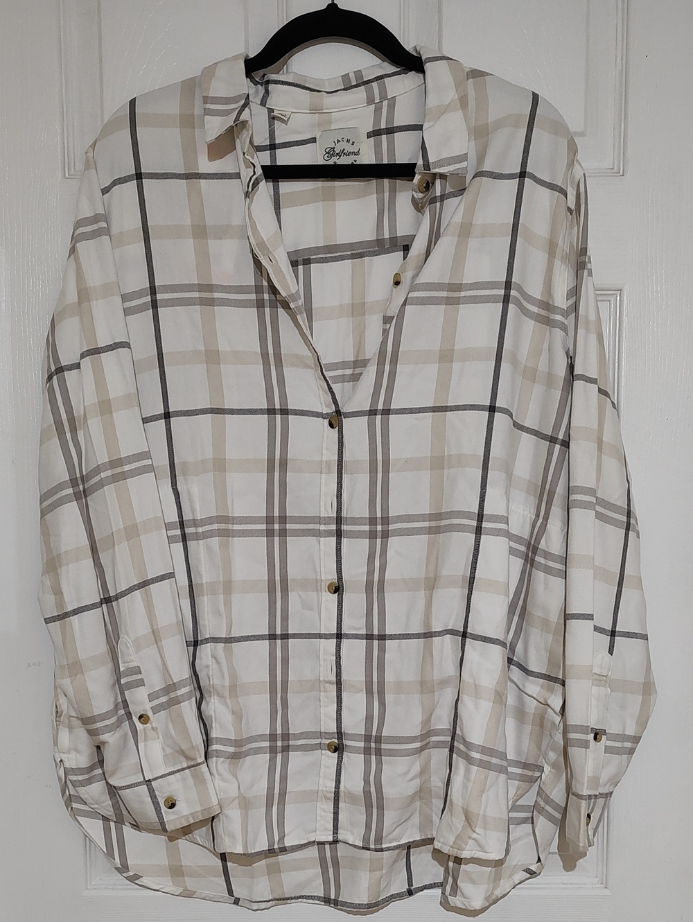 JACHS Girlfriend Beige and White Plaid Button-Down Shirt